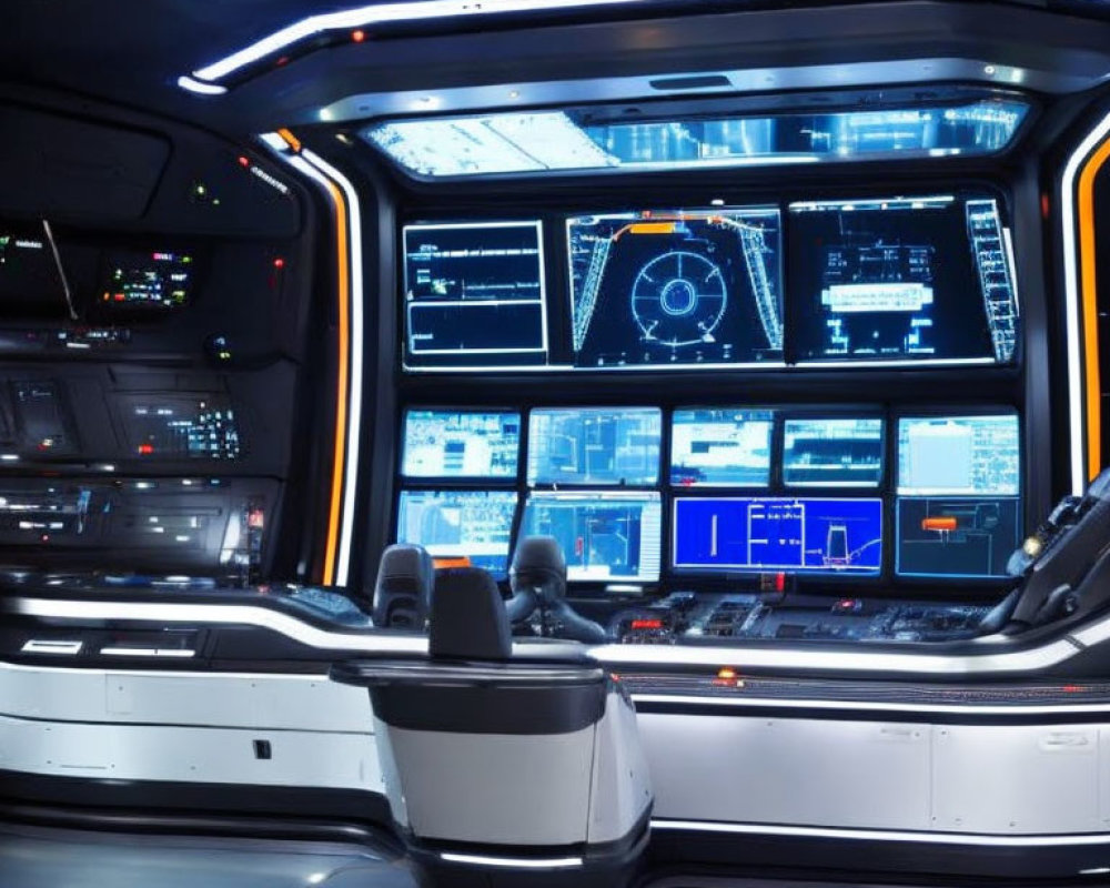 Futuristic spaceship bridge with multiple screens and illuminated control panels