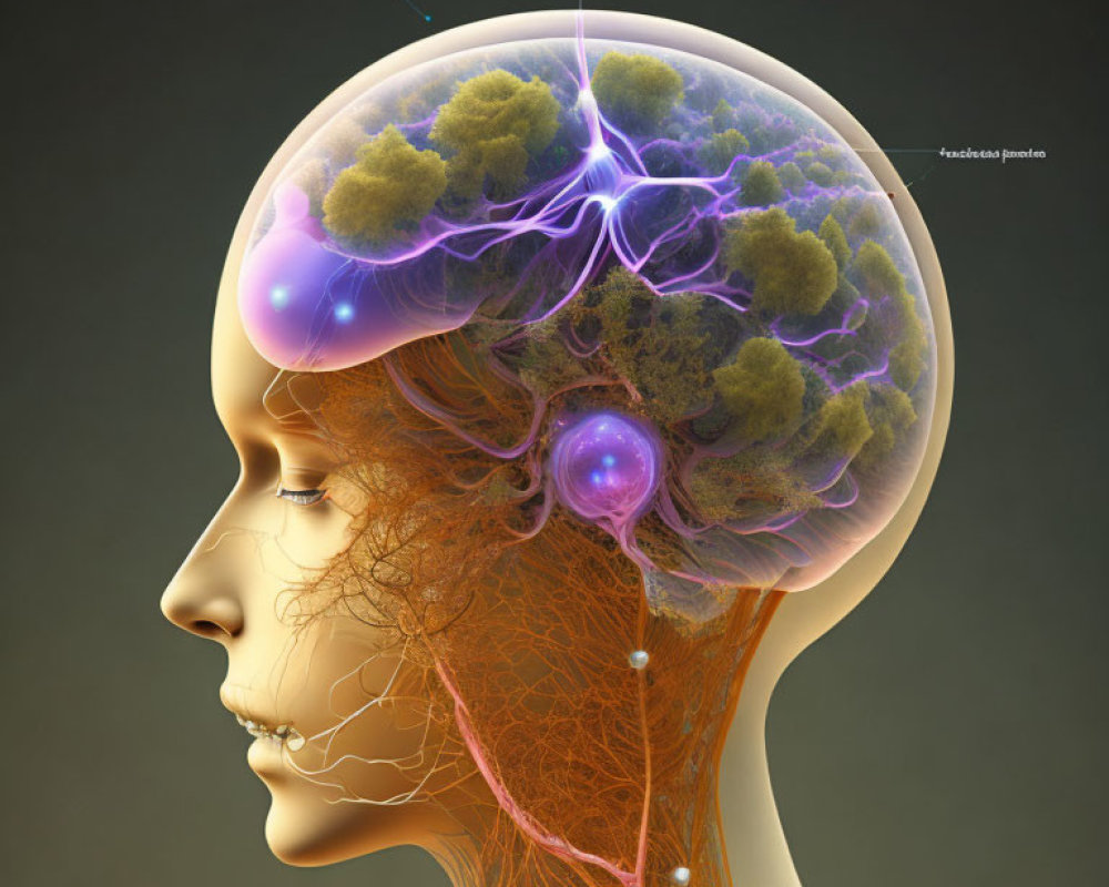 Detailed Illustration of Human Head with Transparent Skin Revealing Glowing Purple Brain and Labeled Parts