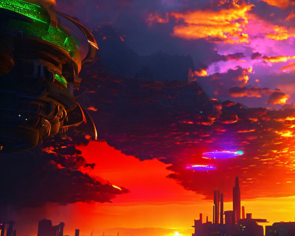 Futuristic cityscape at sunset with skyscrapers, alien spacecraft, and mountains