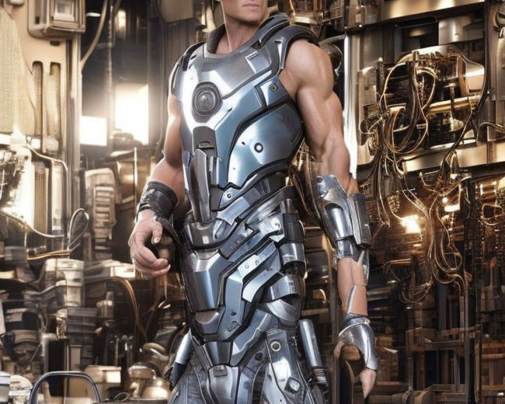 Man in metallic armor suit poses confidently in front of industrial machinery and wiring.