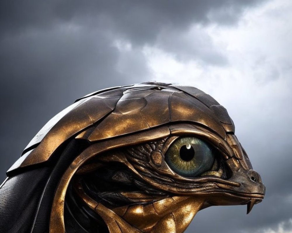 Realistic reptilian creature with metallic helmet under moody sky