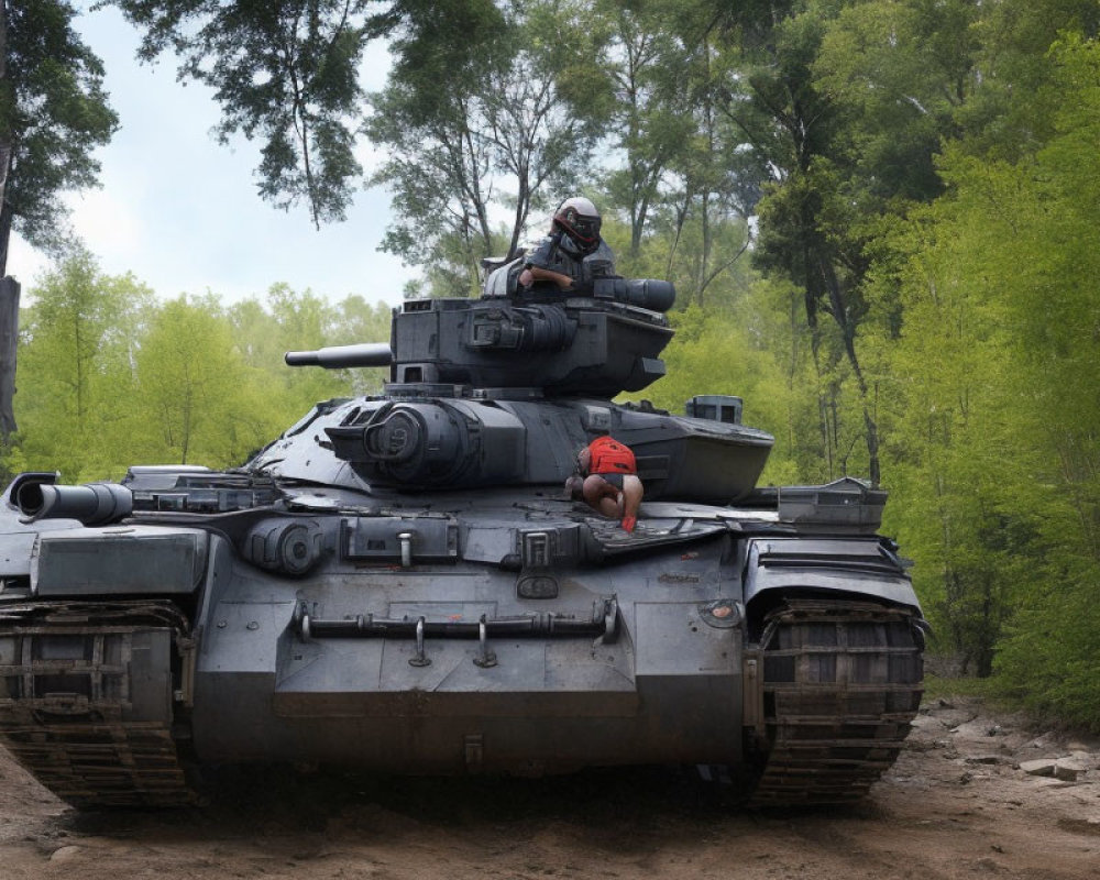 Two people with a tank in a forest setting.