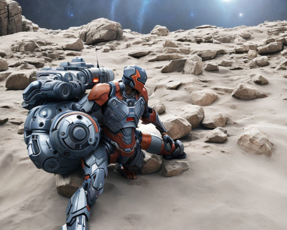 Futuristic armored soldier on rocky alien terrain with mechanical backpack