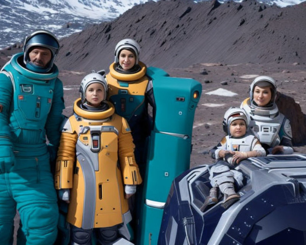 Family in futuristic space suits on Martian landscape with robot & rover