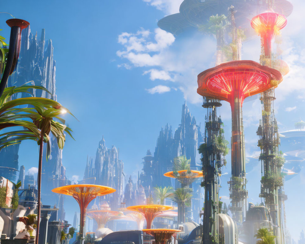 Futuristic cityscape with towering structures and vibrant plant life