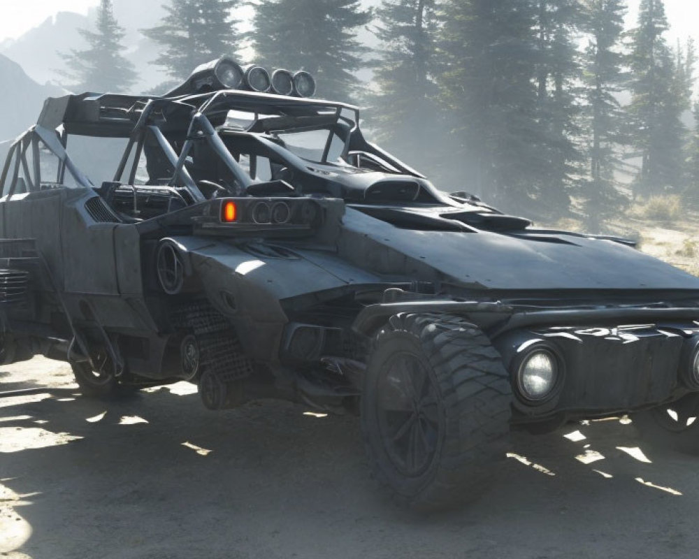 Off-road vehicle with roll cage, large tires, and extra lighting in rocky terrain