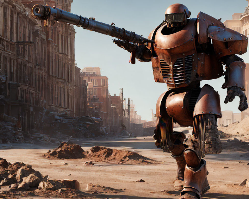 Giant worn robot with cannon arm in war-torn cityscape