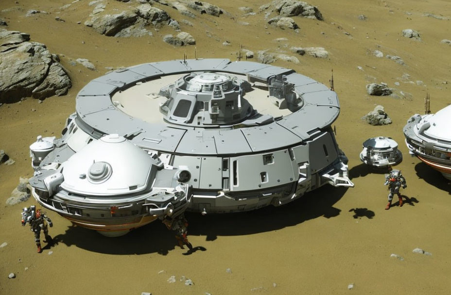 Martian Base with Domed Modules and Astronauts on Rocky Surface