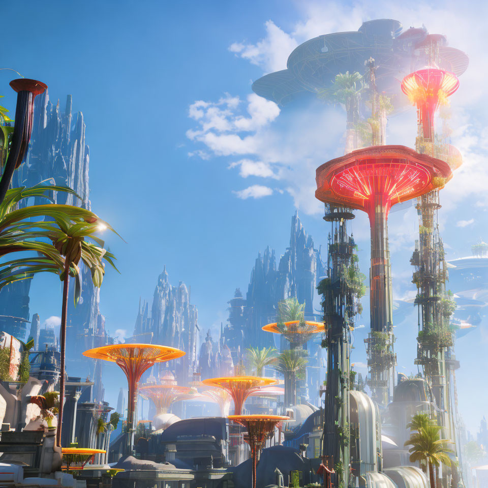 Futuristic cityscape with towering structures and vibrant plant life
