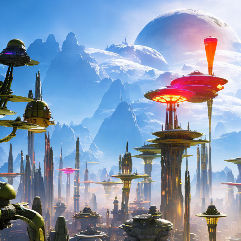 Futuristic cityscape with towering spires, flying platforms, and giant moon over snowy mountains
