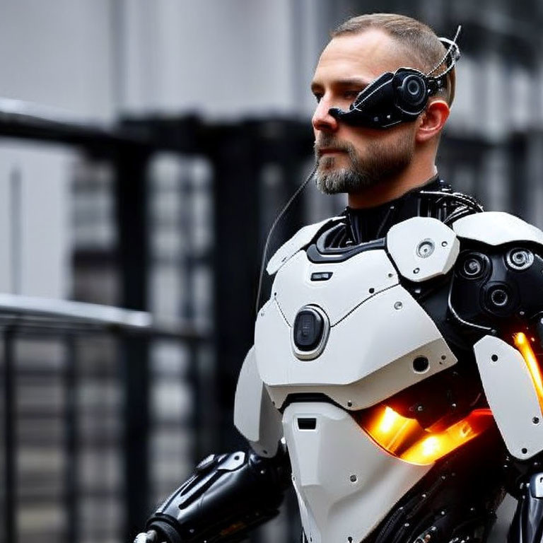 Cybernetic eye implant man in futuristic white and black suit with orange accents