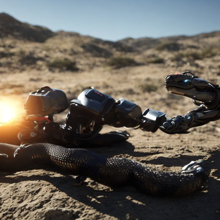 Robotic hands touch over snake in desert sunset.