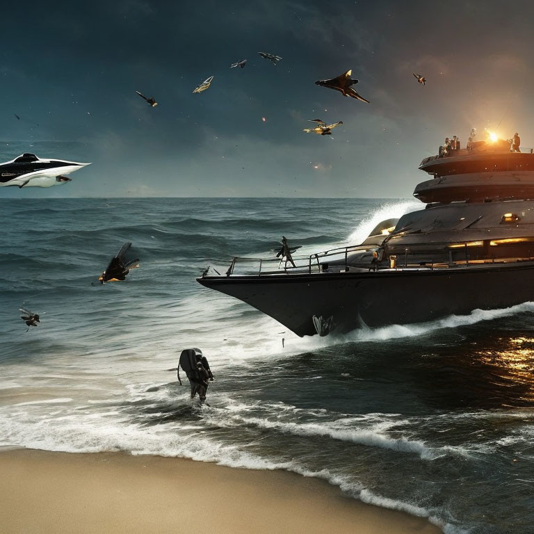 Futuristic scene: Spaceships over ocean by advanced warship.