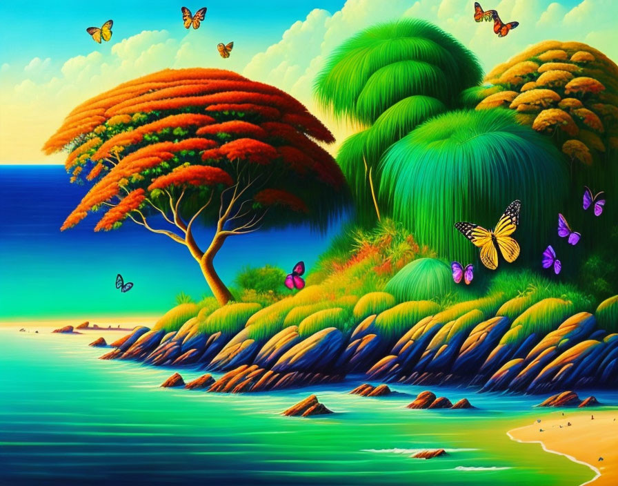 Colorful Trees, Butterflies, and Seaside in Surreal Landscape