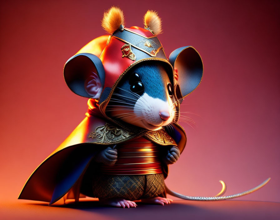 Anthropomorphic mouse in warrior armor with cape on red background