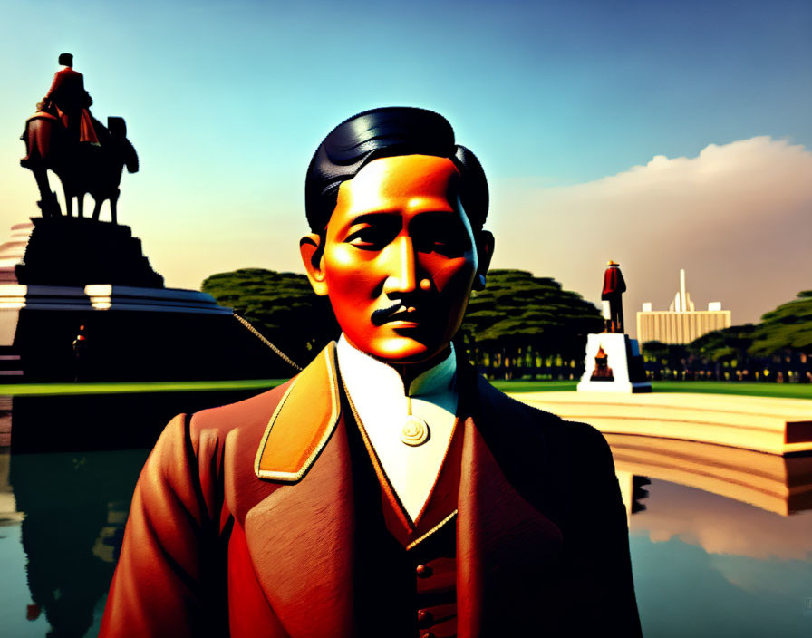 Illustration of man in suit with equestrian statue and landmarks against dramatic sky