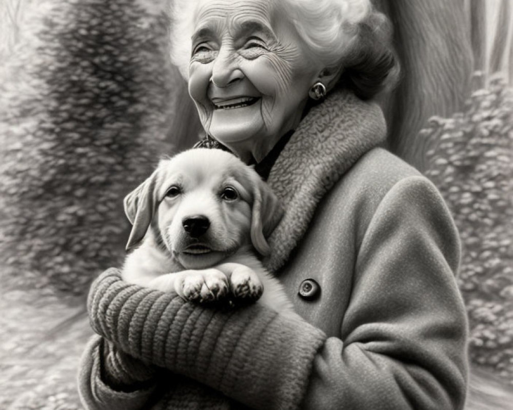 Elderly woman holding a young puppy with soft-focus trees in the background