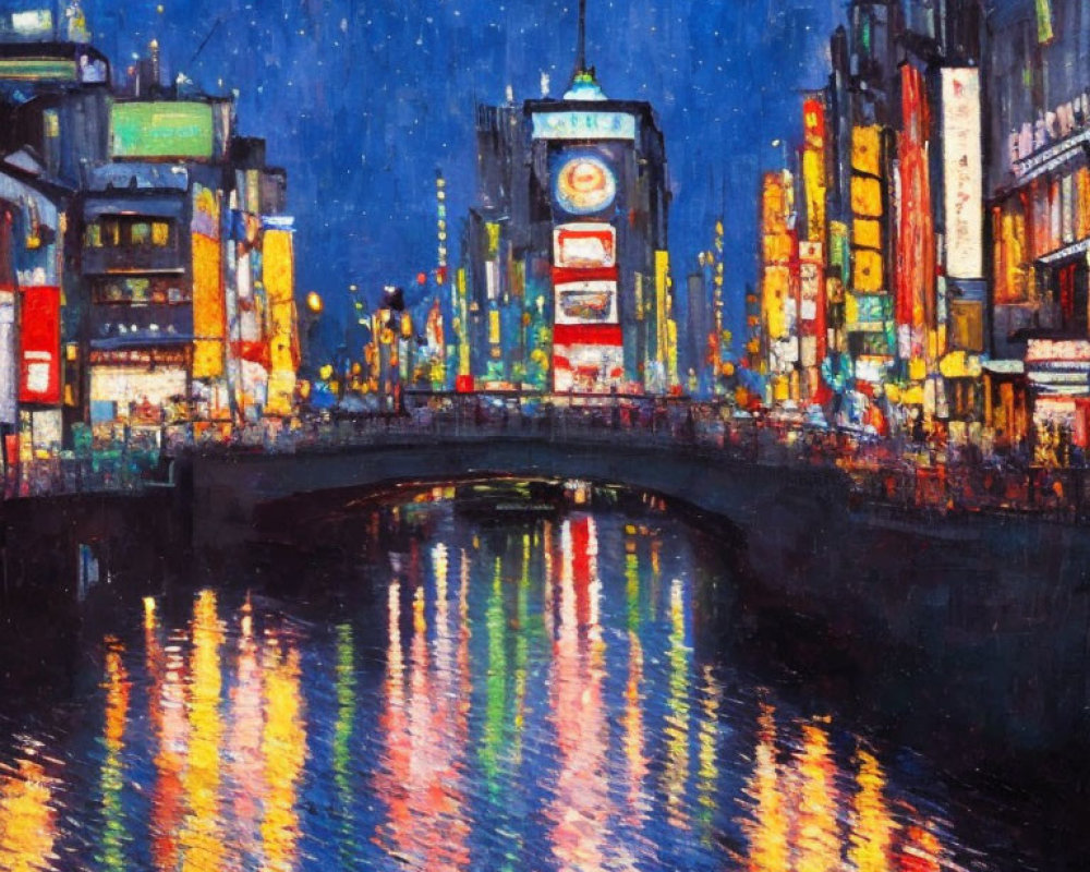 Impressionistic cityscape painting at night with lights, buildings, and bridge
