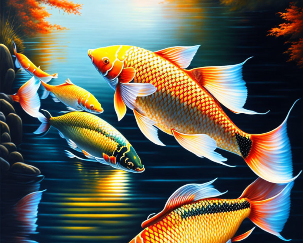 Colorful koi fish swimming in vibrant pond with fiery sunset sky.
