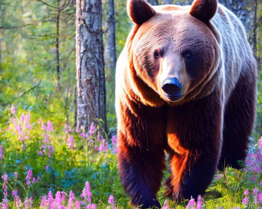 Brown Bear Surrounded by Purple Flowers in Sunlit Forest