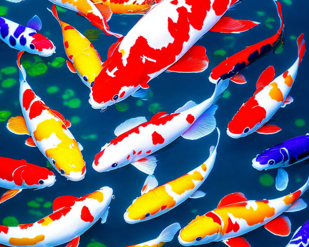 Vibrant koi fish in red, white, orange, and yellow patterns