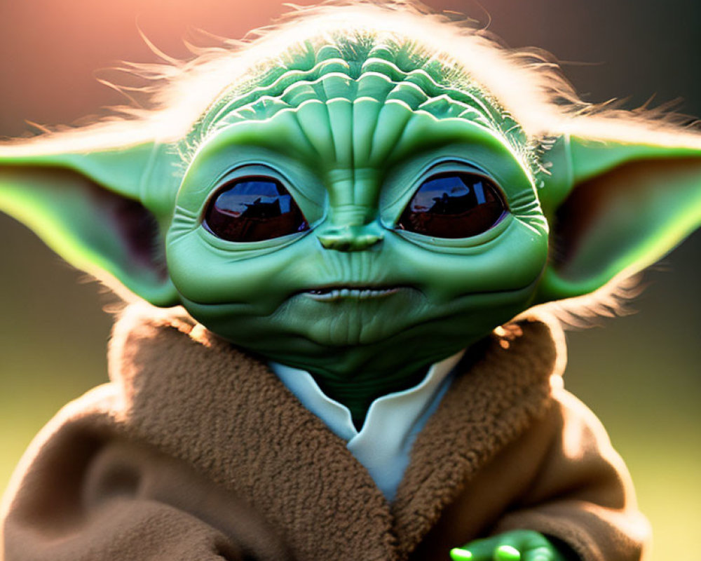 Green-skinned fictional character toy in brown robe under warm glow