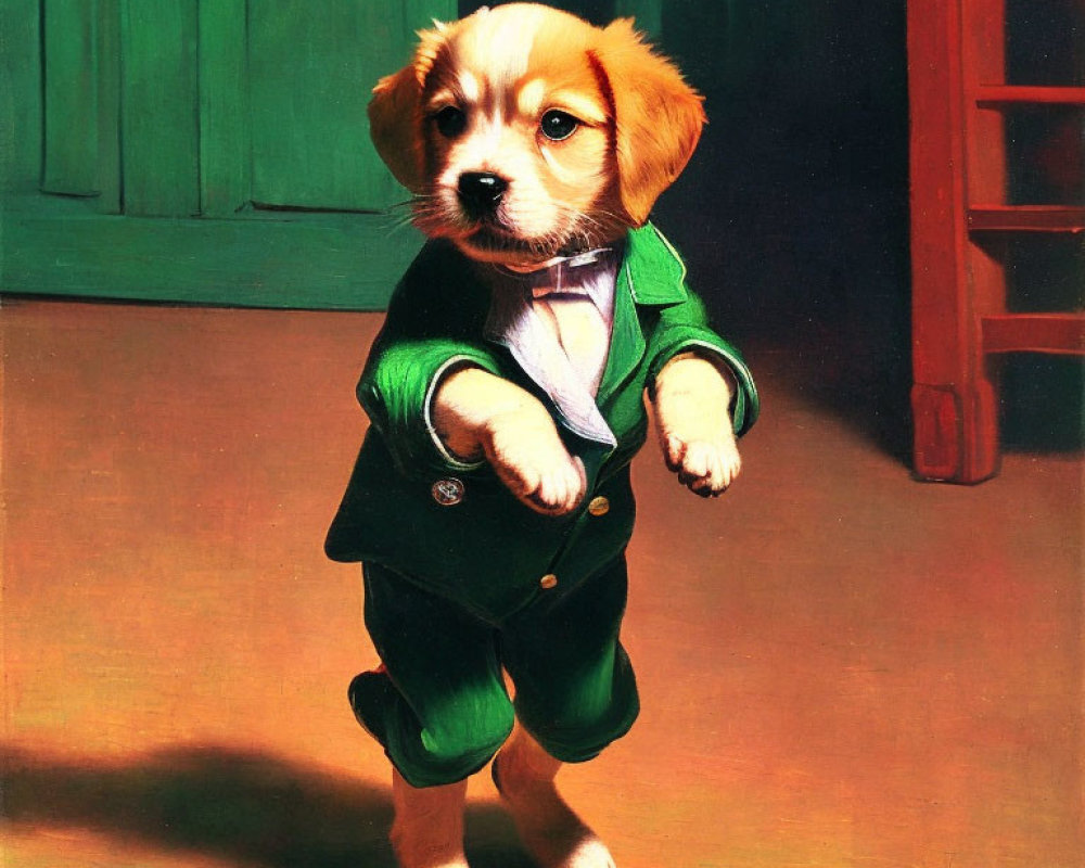 Adorable Puppy Painting in Green Suit on Wooden Floor