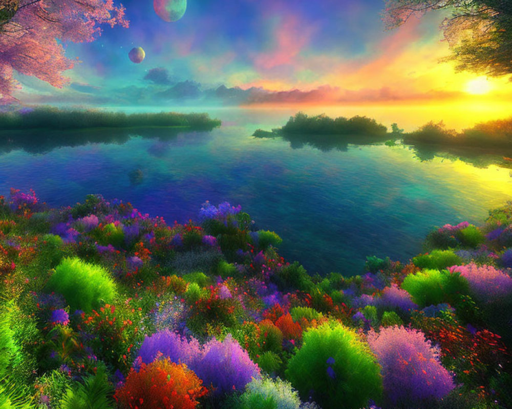 Colorful Flowers, River, Islands, Trees, Moons in Twilight Fantasy Landscape