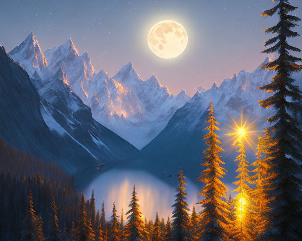 Full Moon Shining on Snow-Capped Mountains at Night