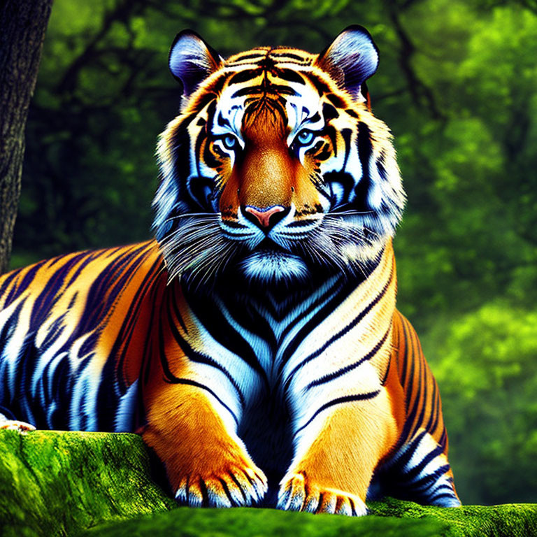 Vividly Colored Tiger with Orange and Black Stripes in Green Forest