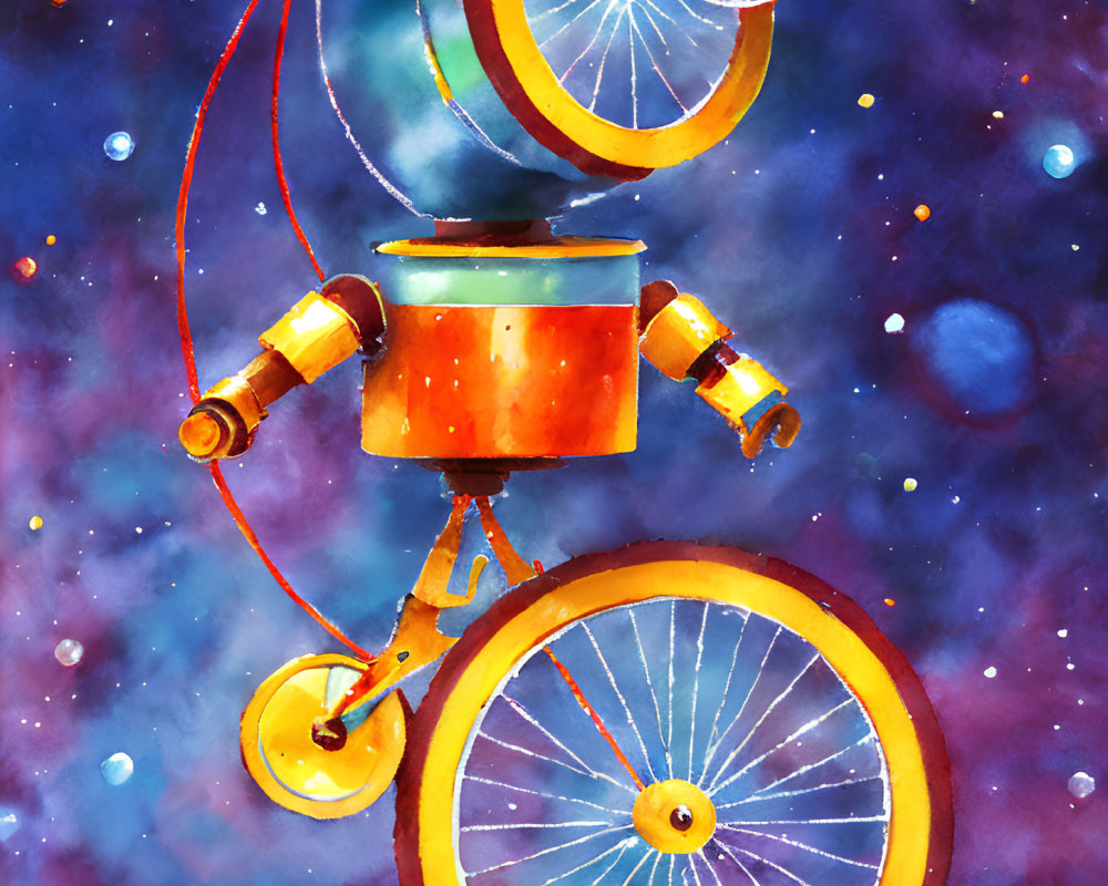 Colorful Watercolor Illustration of Abstract Bicycle-like Structure on Cosmic Background