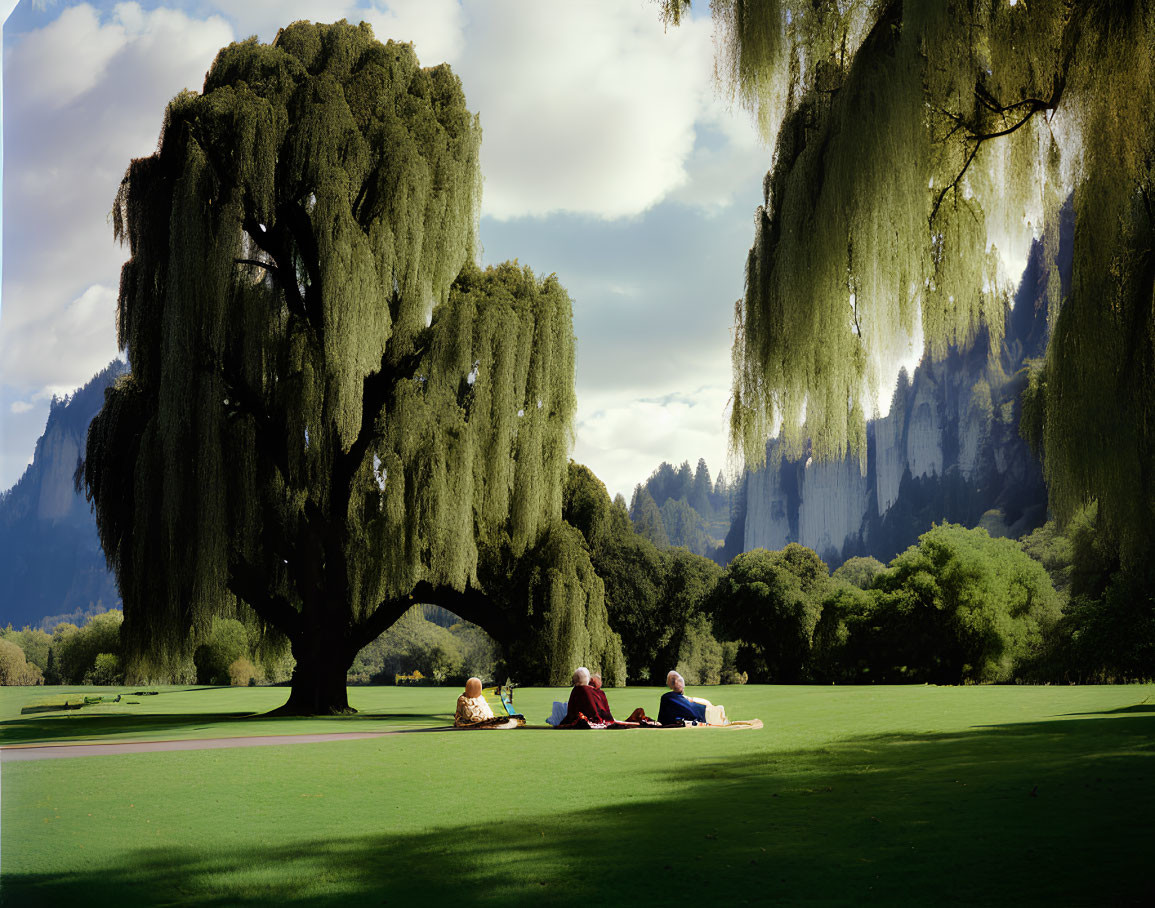 People relaxing under weeping willow trees on grassy lawn