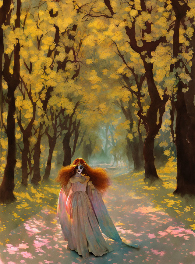 Person with flowing red hair in pastel dress in sun-dappled autumn forest.