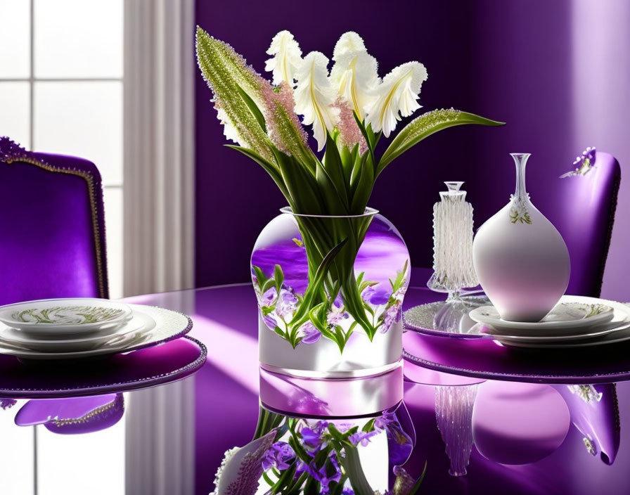 Purple Dining Setup with White Flowers on Glossy Table