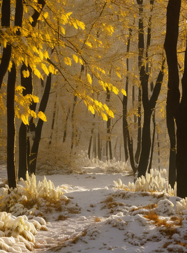Snowy Path with Autumn Leaves and Soft Sunlight in Forest