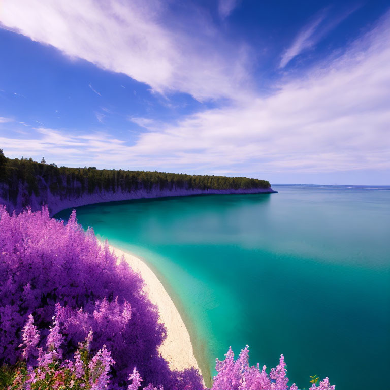 Scenic coastal landscape with wildflowers, turquoise sea, sandy shore, forests, and blue sky