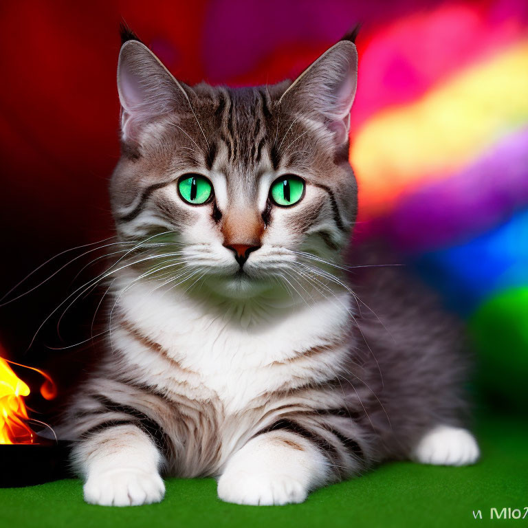 Gray tabby cat with green eyes against colorful backdrop