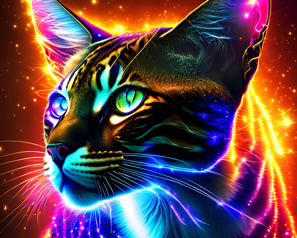 Colorful Neon Cat Art Against Glowing Starry Background