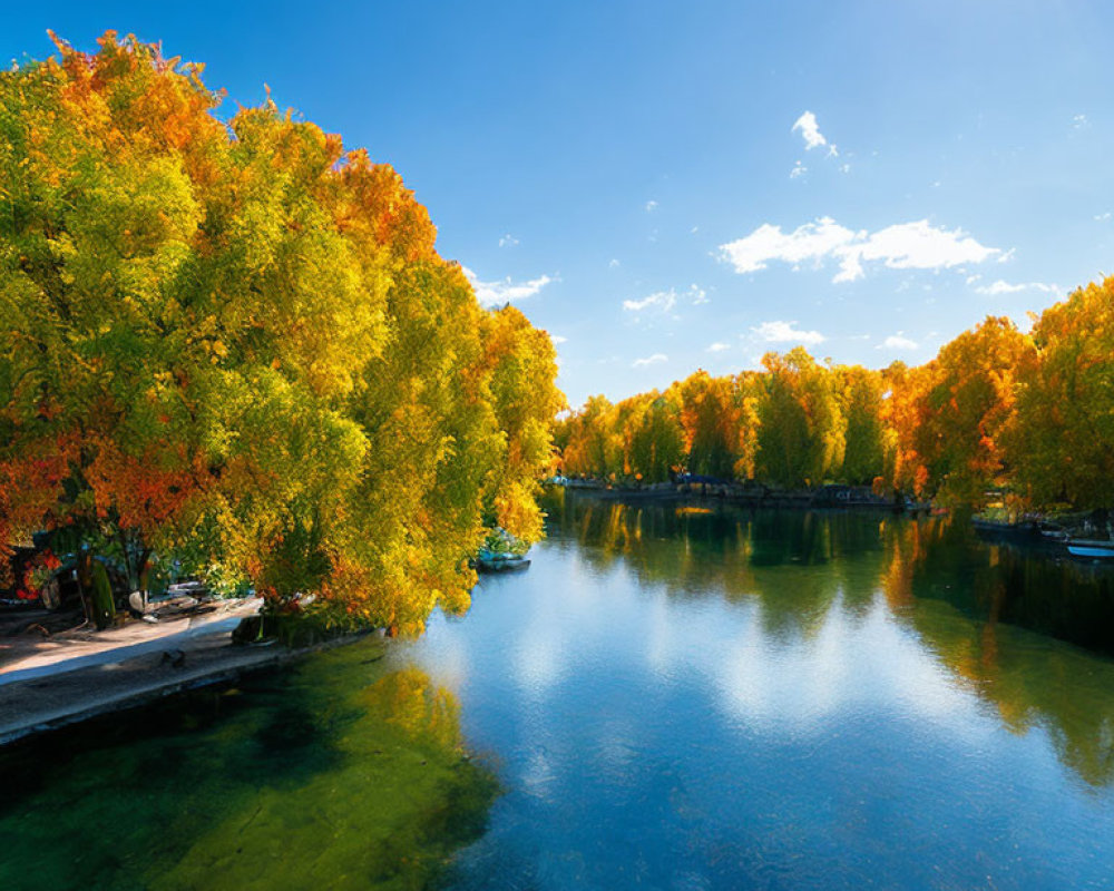 Tranquil lake with autumn trees and blue sky reflections