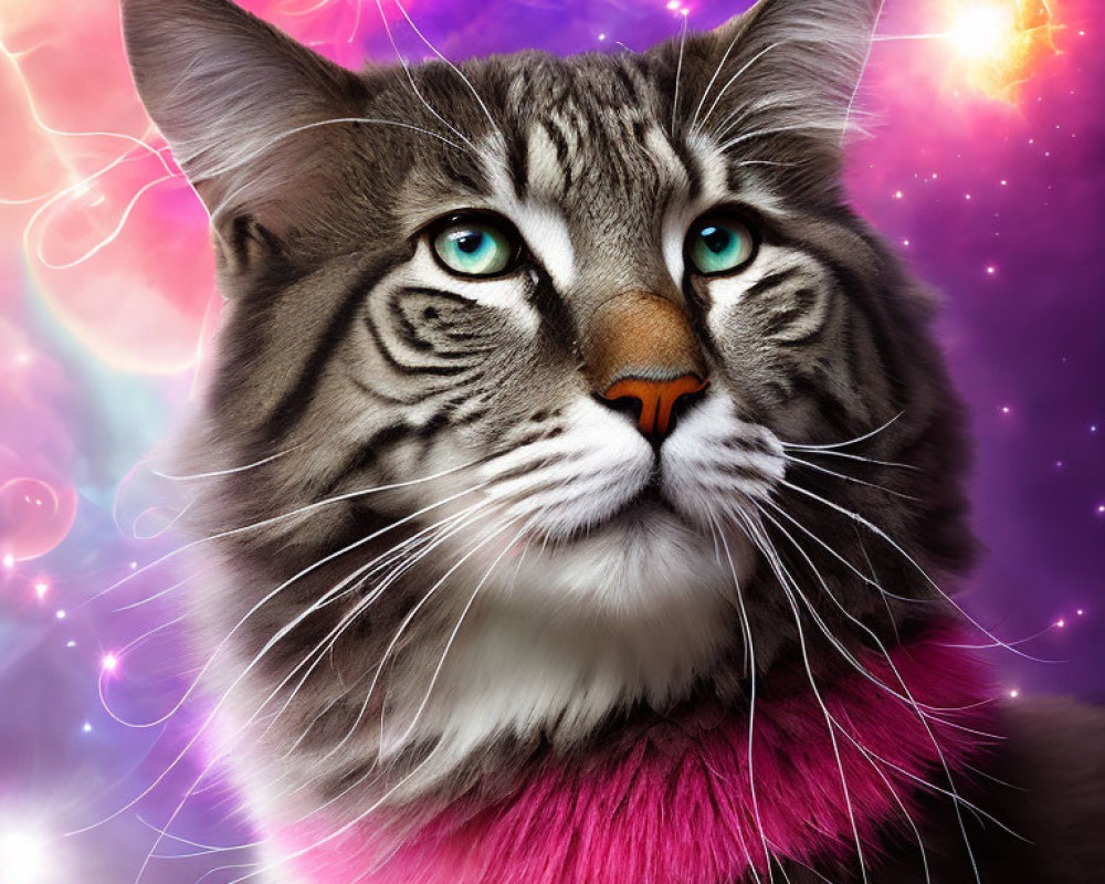 Realistic Gray Tabby Cat with Turquoise Eyes in Cosmic Scene