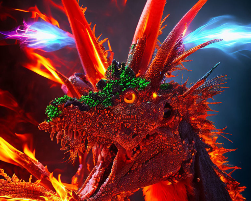 Detailed Fantasy Dragon Breathing Blue and Orange Fire