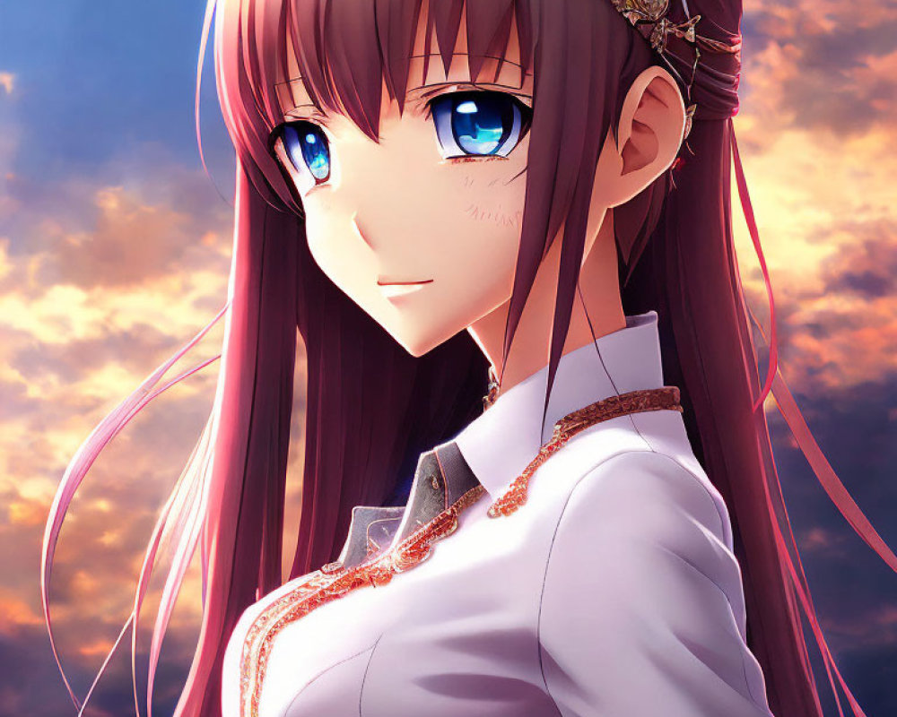 Anime girl with pink hair and tiara in white outfit under sunset sky
