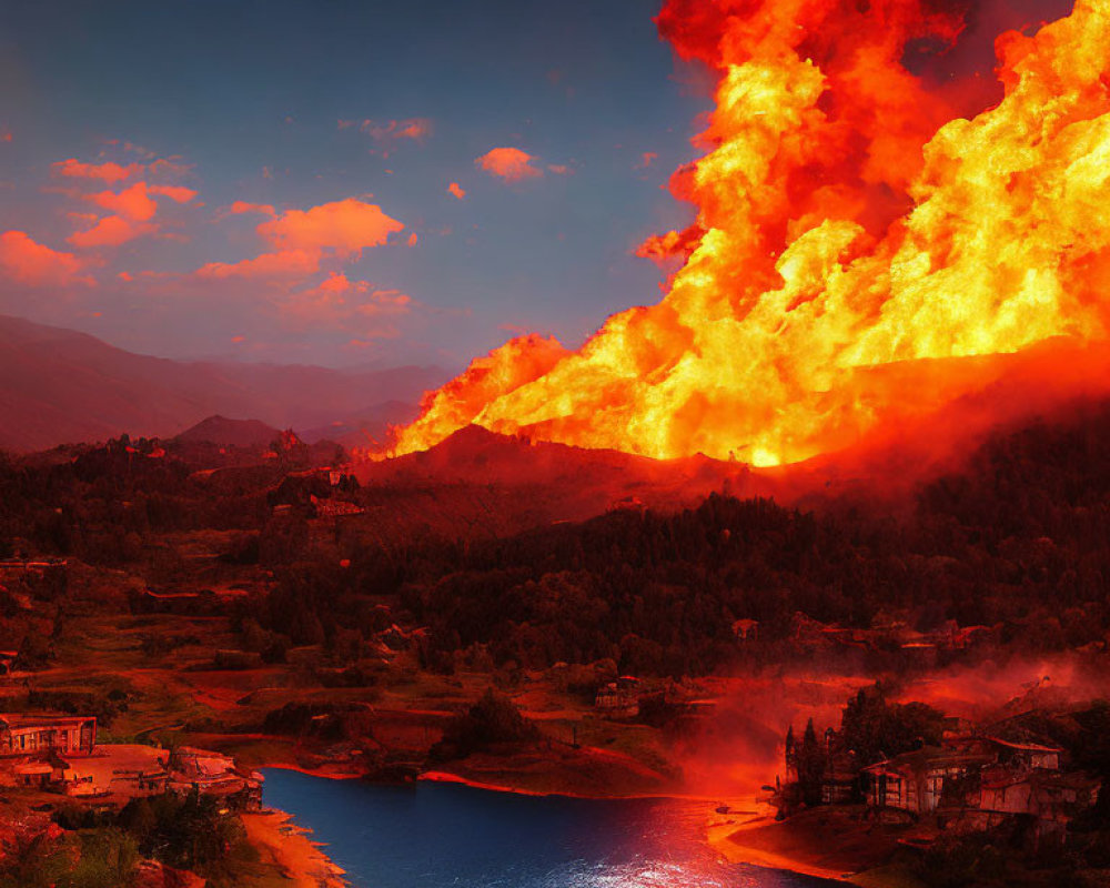 Massive wildfire on hillside with towering flames and smoke overlooking river and village at twilight