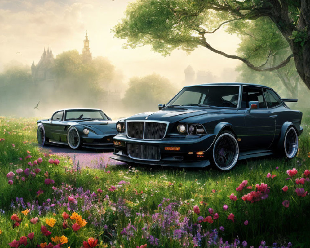 Classic Sports Cars in Meadow with Castle and Flowers at Sunrise