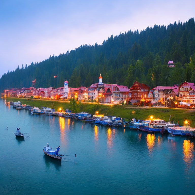 European-style lakeside town at twilight with forest backdrop and boats on water