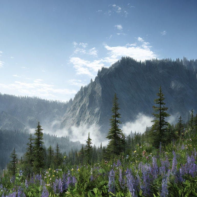 Majestic mountain landscape with mist, pine trees, wildflowers, and blue sky
