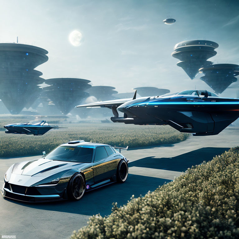 Futuristic sports car with flying vehicles, disk-shaped structures, and multiple moons in hazy sky