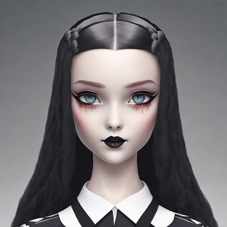 Digital art of female character with braided black hair, blue eyes, rosy cheeks, black lipstick