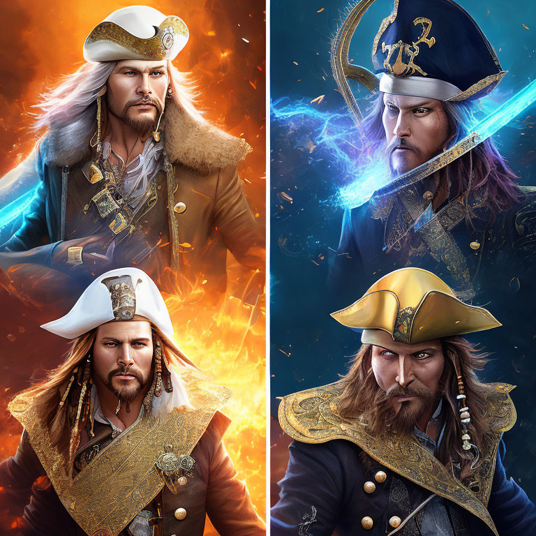Four Pirate Character Artistic Depictions with Dramatic Lighting & Elemental Accents