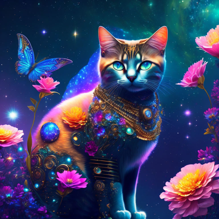Cosmic-themed cat illustration with stars, nebulae, constellations, flowers, and butterfly